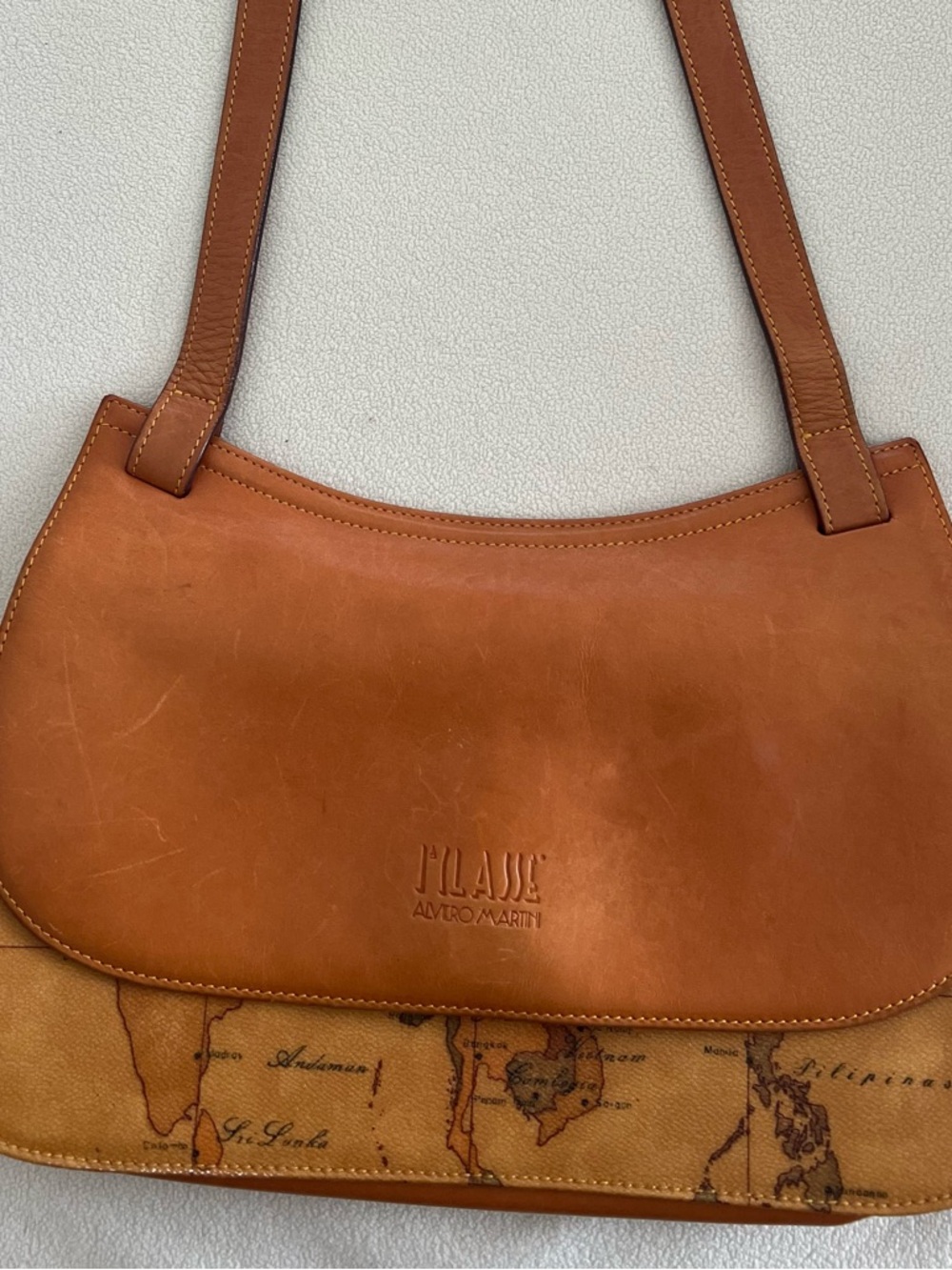 Alviero Martini Tan Leather Shoulder Bag with Map-Print Trim